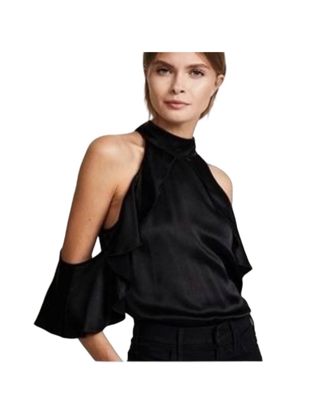Ella Moss Black Cold-Shoulder Halter Satin Blouse